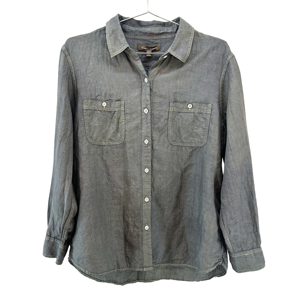 TOMMY BAHAMA 100% Linen Women's Button Up Shirt • Large • blue coastal preppy